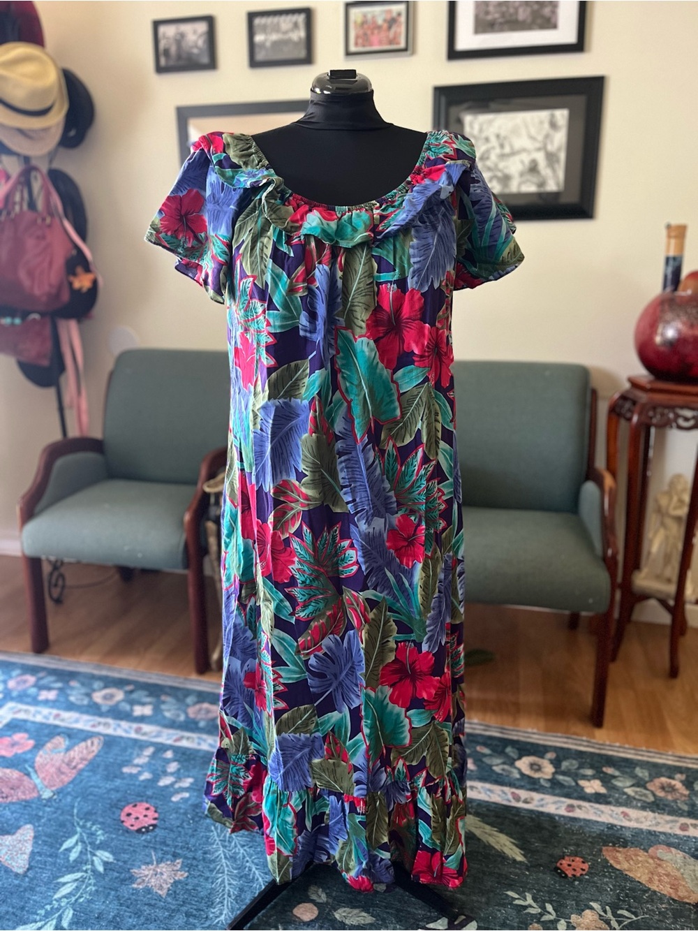 Tropical Floral Ruffle Maxi Dress in Teal & Magenta